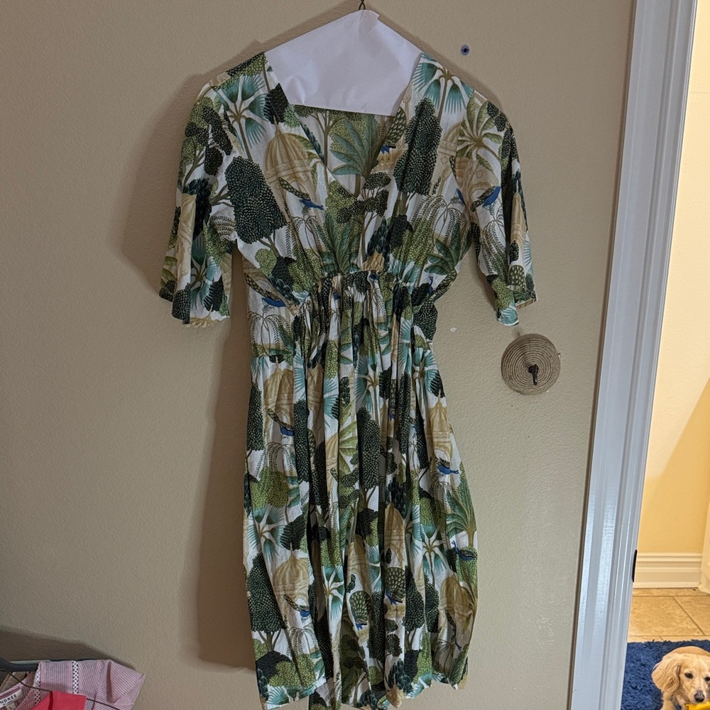Leafy Green and White Midi Dress